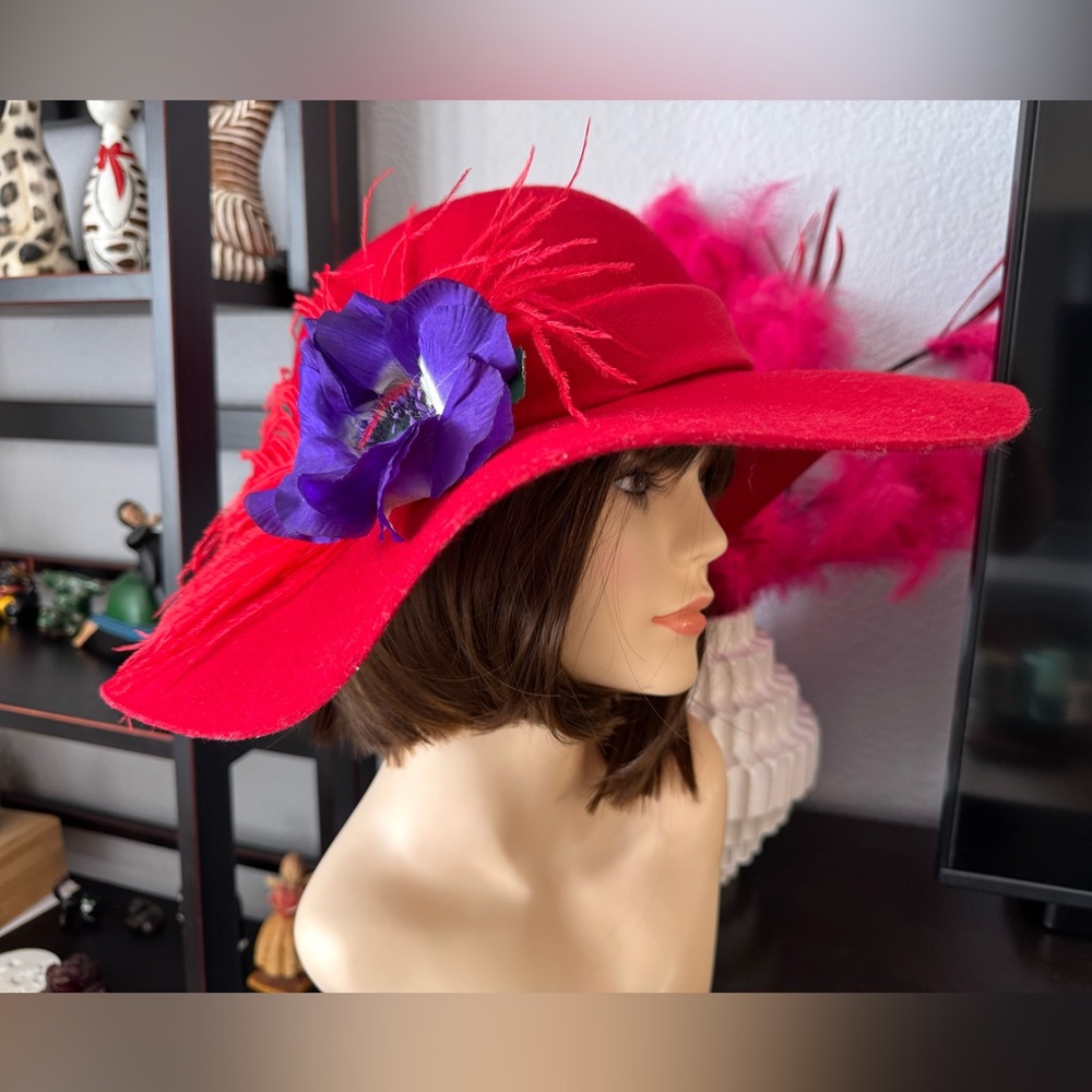 Red Wool Hat with Purple Flower and Feather - Picture 8 of 11